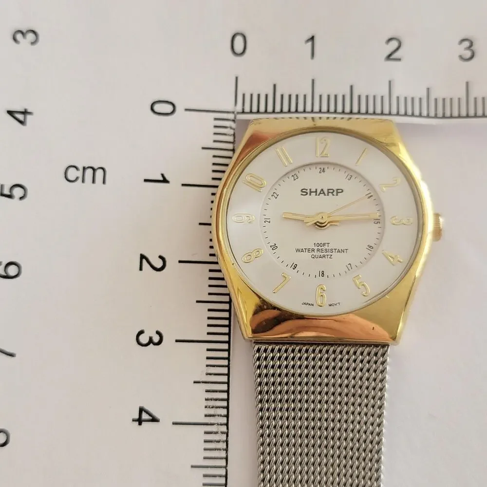 Sharp Womens Watch White Dial Gold Case Silver Mesh Bracelet Quartz Analog